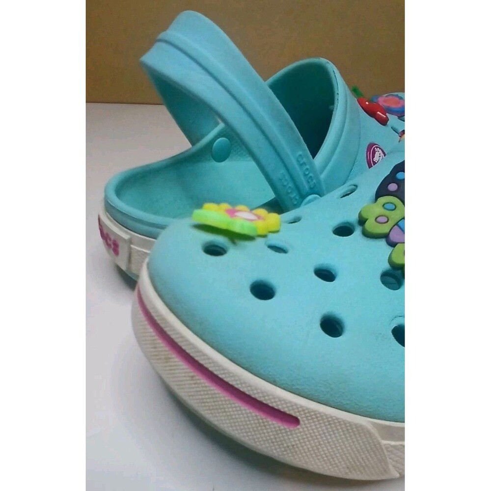 Crocs Kids Girls Sz C 12/13 Aqua Blue /Pink White w Charms Flowers Butterflies - Picture 10 of 16